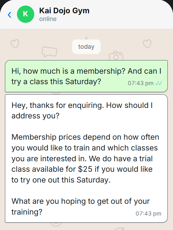 Kai Dojo's demo gym chat: a customer asks how much a membership is and whether they can try a class this Saturday, and the assistant explains that membership depends on how often they train, offers a $25 trial class that Saturday and asks what they hope to get out of training